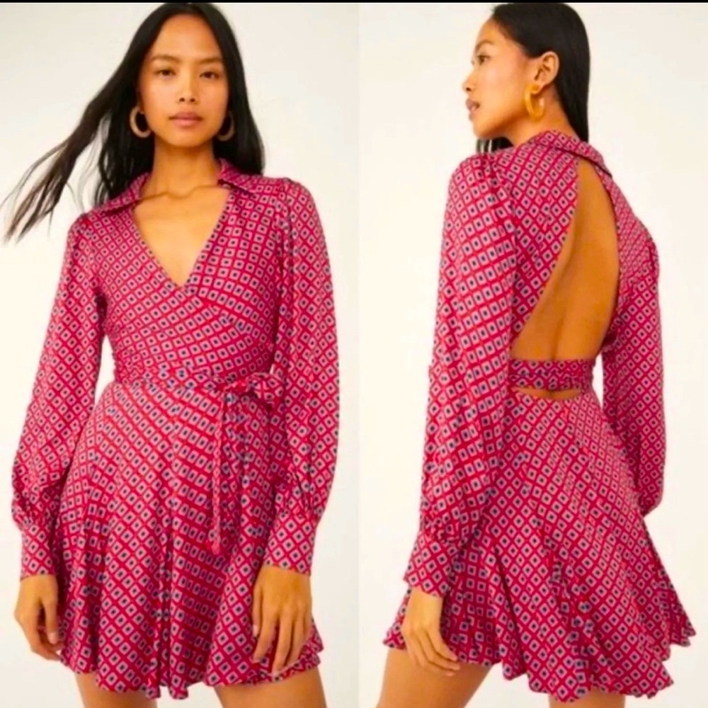 Free People It Takes Two Pop Mini Dress Pink Long Sleeve Open Back Woman’s Sz M
